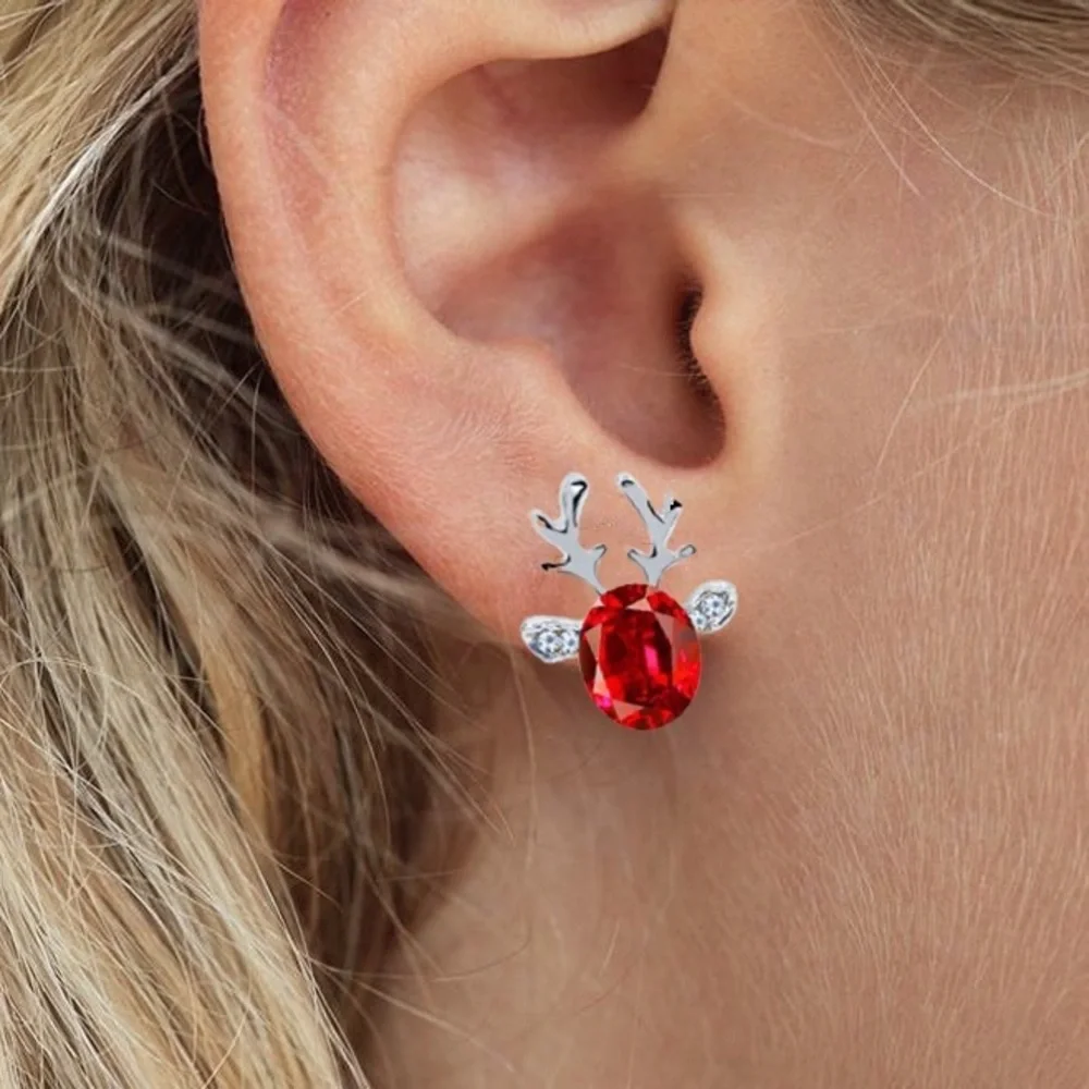 Silver & Red Crystal Reindeer Stud Earrings